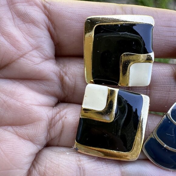 VTG 80's Stud Earrings Black Blue Gold Tone Geometric Pattern Fashion 3 Set Lot - Picture 4 of 9